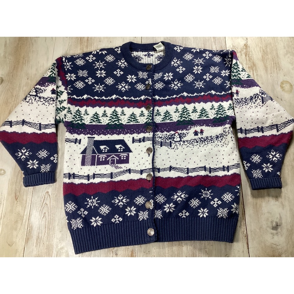 Womens Medium Vintage Fair Isle Cabin Winter Christmas knit Cardigan cabincore